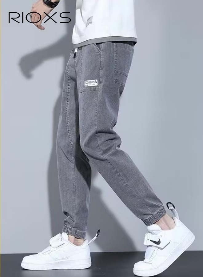 RIOXS Mens Denim Pants, Elastic Waist Downstring Pants For Men, Stylish Versatile Jeans With 4 Pockets, Fashionable Durable Baggy Trousers, Comfzy Jeans For Office/ Daily Wear/ Outdoor Activities, Great Gift Chocie For Men Daddy Family Friends, Gray Jeans - Image 2