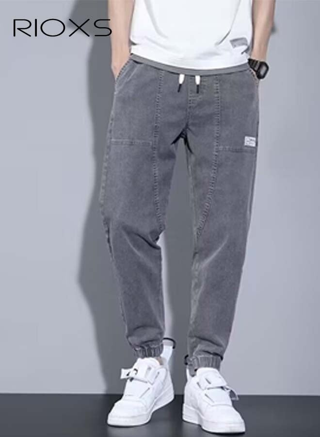 RIOXS Mens Denim Pants, Elastic Waist Downstring Pants For Men, Stylish Versatile Jeans With 4 Pockets, Fashionable Durable Baggy Trousers, Comfzy Jeans For Office/ Daily Wear/ Outdoor Activities, Great Gift Chocie For Men Daddy Family Friends, Gray Jeans - Image 3