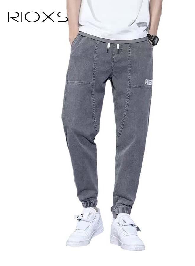 RIOXS Mens Denim Pants, Elastic Waist Downstring Pants For Men, Stylish Versatile Jeans With 4 Pockets, Fashionable Durable Baggy Trousers, Comfzy Jeans For Office/ Daily Wear/ Outdoor Activities, Great Gift Chocie For Men Daddy Family Friends, Gray Jeans - Image 4