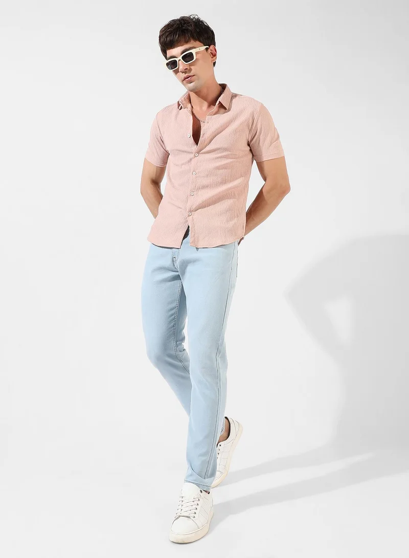 Campus Sutra Men's Peach Textured Regular Fit Casual Shirt