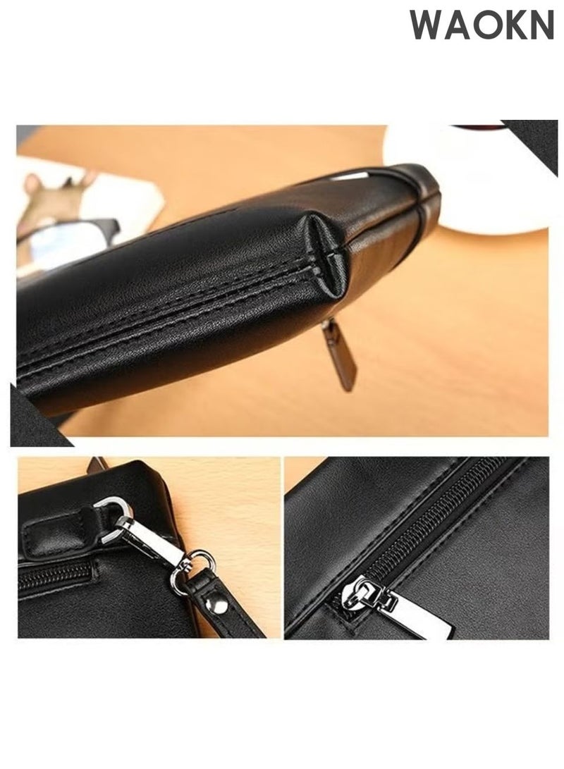 دبليو أيه أو كي أن حقيبة كلاتش رجالية فائقة النحافة مضادة للسرقة مصنوعة من جلد البولي يوريثان الناعم ومحفظة كبيرة بسيطة مع سوار معصم وسحاب ودفتر شيكات وحافظة بطاقات هدية عمل للرجال باللون الأسود، حقيبة مغلف كبيرة السعة من الجلد الناعم عصرية وغير رسمية. - Image 4