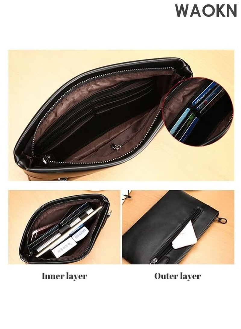 دبليو أيه أو كي أن حقيبة كلاتش رجالية فائقة النحافة مضادة للسرقة مصنوعة من جلد البولي يوريثان الناعم ومحفظة كبيرة بسيطة مع سوار معصم وسحاب ودفتر شيكات وحافظة بطاقات هدية عمل للرجال باللون الأسود، حقيبة مغلف كبيرة السعة من الجلد الناعم عصرية وغير رسمية. - Image 5