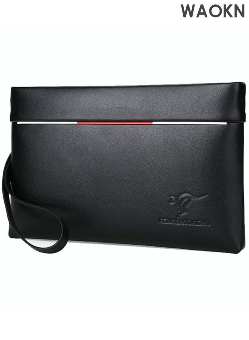 دبليو أيه أو كي أن حقيبة كلاتش رجالية فائقة النحافة مضادة للسرقة مصنوعة من جلد البولي يوريثان الناعم ومحفظة كبيرة بسيطة مع سوار معصم وسحاب ودفتر شيكات وحافظة بطاقات هدية عمل للرجال باللون الأسود، حقيبة مغلف كبيرة السعة من الجلد الناعم عصرية وغير رسمية. - Image 1