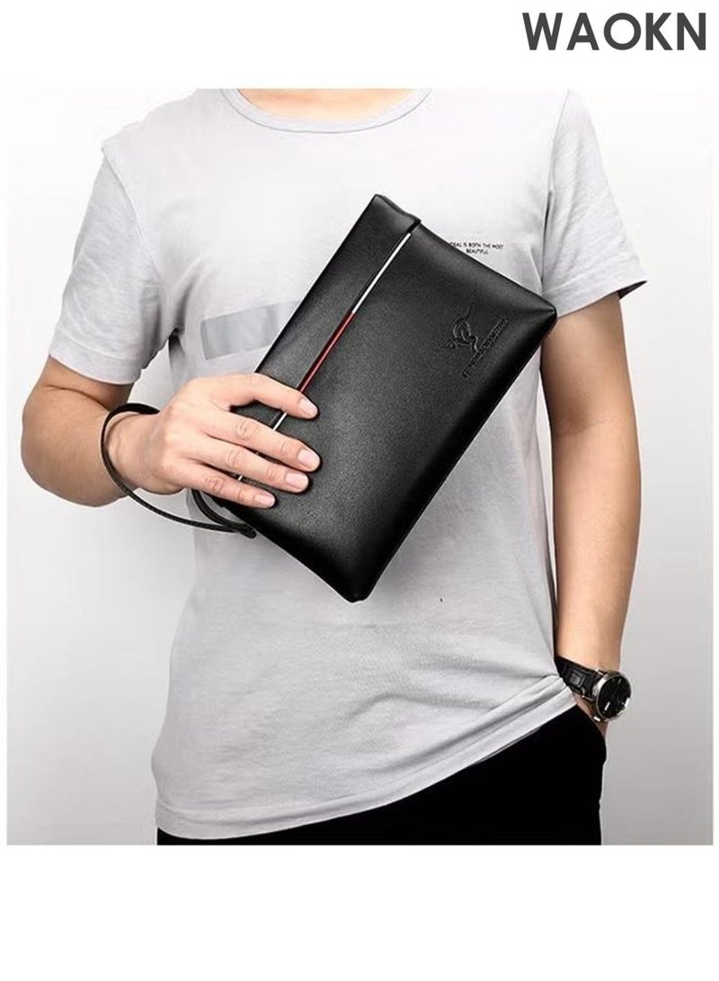 دبليو أيه أو كي أن حقيبة كلاتش رجالية فائقة النحافة مضادة للسرقة مصنوعة من جلد البولي يوريثان الناعم ومحفظة كبيرة بسيطة مع سوار معصم وسحاب ودفتر شيكات وحافظة بطاقات هدية عمل للرجال باللون الأسود، حقيبة مغلف كبيرة السعة من الجلد الناعم عصرية وغير رسمية. - Image 2