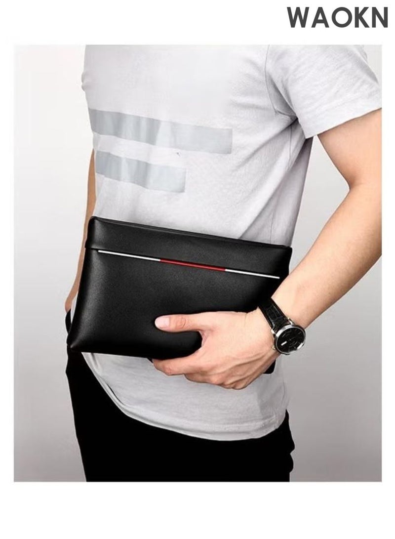 دبليو أيه أو كي أن حقيبة كلاتش رجالية فائقة النحافة مضادة للسرقة مصنوعة من جلد البولي يوريثان الناعم ومحفظة كبيرة بسيطة مع سوار معصم وسحاب ودفتر شيكات وحافظة بطاقات هدية عمل للرجال باللون الأسود، حقيبة مغلف كبيرة السعة من الجلد الناعم عصرية وغير رسمية. - Image 3