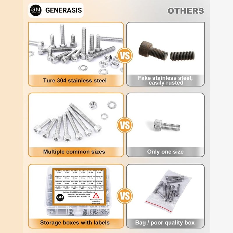 GENERASIS - SS304 | M3، M4، M5، M6 | مجموعات الصواميل والمسامير | 4 - أحجام | براغي رأس كاب ذات تجويف من الفولاذ المقاوم للصدأ، صواميل، غسالات ومفاتيح ألين - مجموعة تخزين للاستخدام المنزلي (عبوة من 268) - Image 5