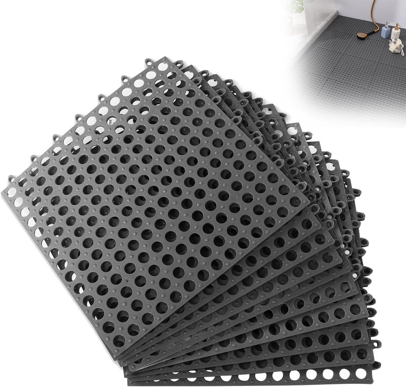 Interlocking Drainage Floor Tiles 10 Pack Non-Slip Shower Mat - 29.5 x 29.5cm Grey TPE - Image 1