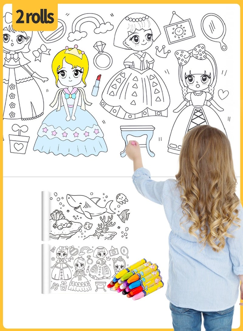BEIRUI 2 children's drawing rolls+18 color oil painting stick, princess pattern and underwater world pattern coloring drawing paper, used for DIY painting color filling, 30X300cm - Image 1