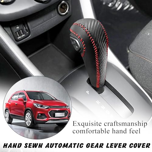 LANZMYAN Gear Shift Knob Cover Compatible with Chevrolet/Chevy Automatic Auto Car Premium Leather with Carbon Fiber for Trax 2015-2021 for Sonic 2012-2022,Internal Accessories(Red Thread) - Image 3