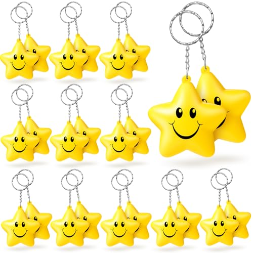 Vertintong 24 Pcs Star Stress Ball Bulk Smile Face Keychain Foam Stress Relief Squeeze Toys Fidget Anxiety Anger Relief at Workschoolhome Perfect Easter Basket Stuffers Party FavorsYellow - Image 1