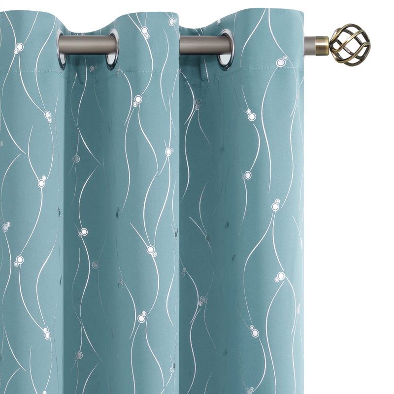 BGment Room Darkening Curtains 63 Inches Long  Grommet Thermal Insulated Blackout Curtains with Wave Line and Dots Printed for Bedroom  2 Panels  Each 42 x 63 Inch  Aqua - Image 1