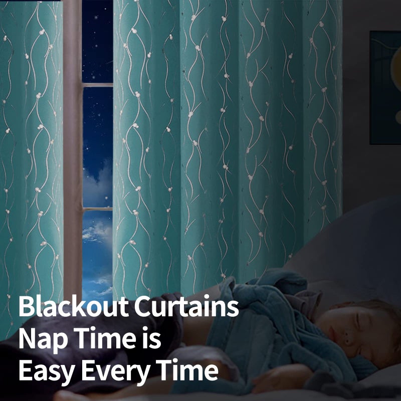 BGment Room Darkening Curtains 63 Inches Long  Grommet Thermal Insulated Blackout Curtains with Wave Line and Dots Printed for Bedroom  2 Panels  Each 42 x 63 Inch  Aqua - Image 3