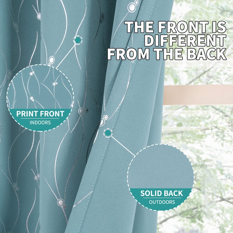 BGment Room Darkening Curtains 63 Inches Long  Grommet Thermal Insulated Blackout Curtains with Wave Line and Dots Printed for Bedroom  2 Panels  Each 42 x 63 Inch  Aqua - Image 5