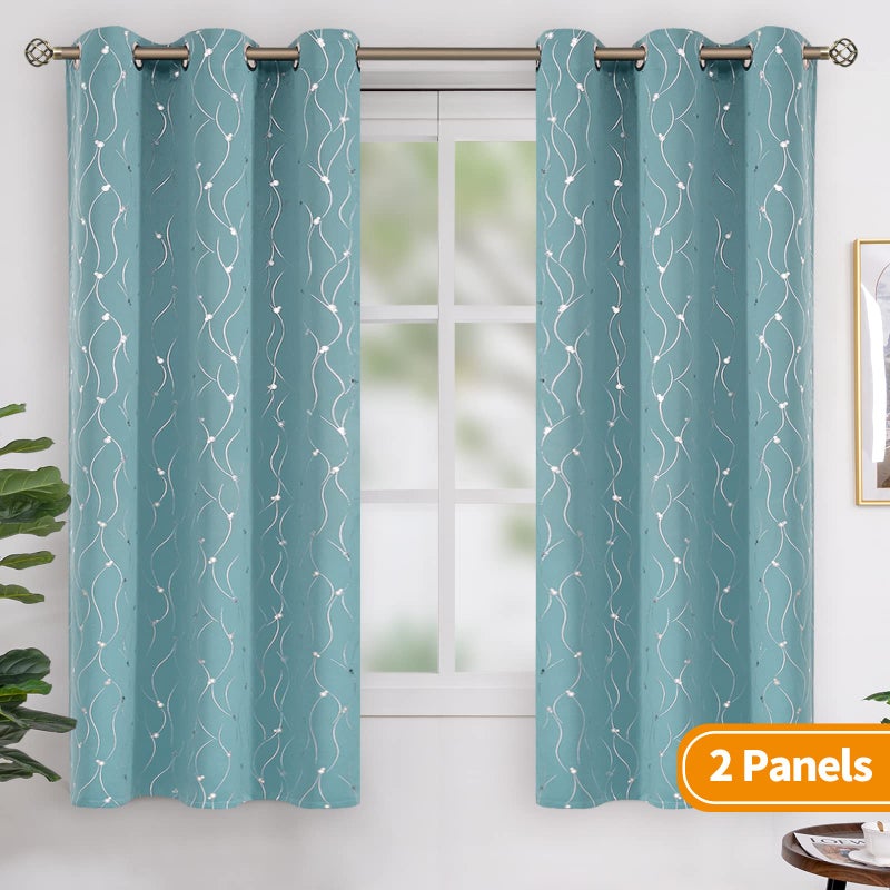 BGment Room Darkening Curtains 63 Inches Long  Grommet Thermal Insulated Blackout Curtains with Wave Line and Dots Printed for Bedroom  2 Panels  Each 42 x 63 Inch  Aqua - Image 2