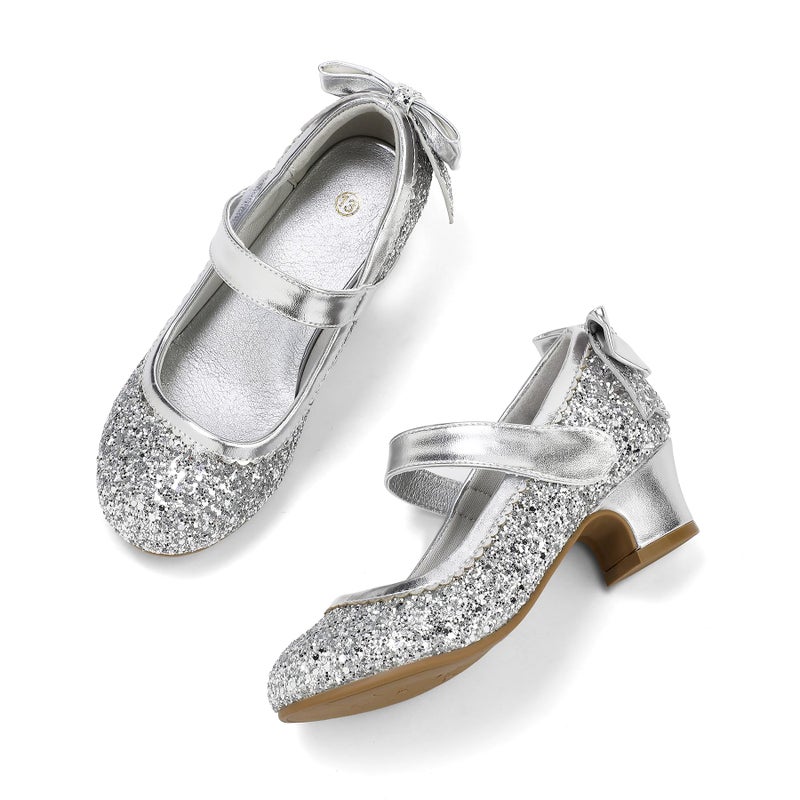 K KomForme Girls Dress Shoes Glitter Mary Jane Pumps with Bow, Low Heel Party Wedding Princess Shoes (Toddler/Little Kids/Big Kids) - Image 5
