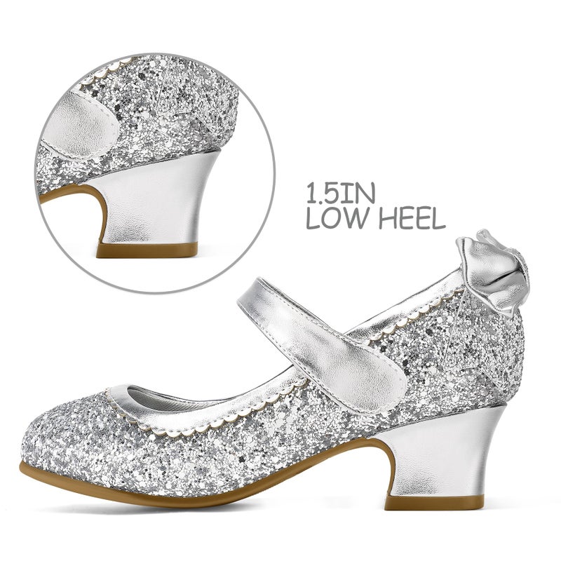 K KomForme Girls Dress Shoes Glitter Mary Jane Pumps with Bow, Low Heel Party Wedding Princess Shoes (Toddler/Little Kids/Big Kids) - Image 4