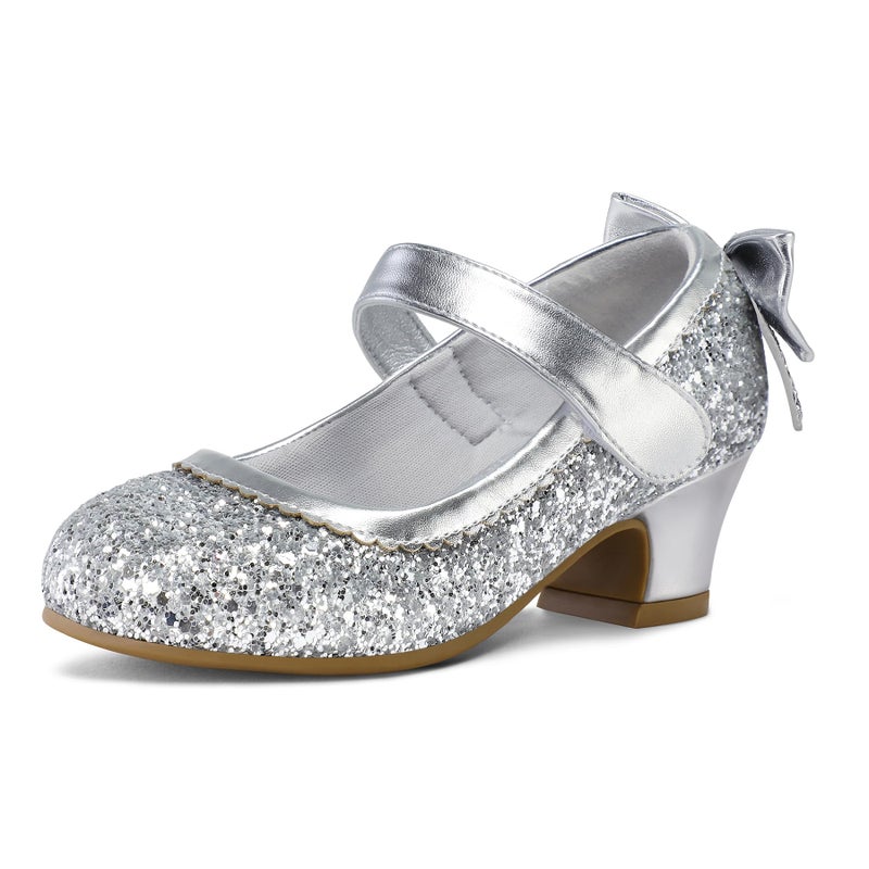K KomForme Girls Dress Shoes Glitter Mary Jane Pumps with Bow, Low Heel Party Wedding Princess Shoes (Toddler/Little Kids/Big Kids) - Image 1