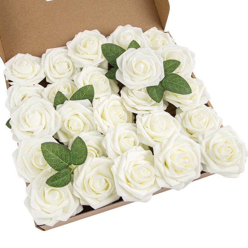 Exoment 25pcs Artificial Flower Foam Rose Real Touch Roses Flower Heads with Stem for DIY Wedding Bouquets Centerpieces Arrangements Party Baby Shower Home Decor Ivory