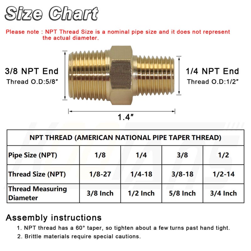 KOOTANS 3/8 NPT x 1/4 NPT Male Solid Brass Hex Nipples, Heavy Brass Pipe Adapter Fittings Reducing Nipples Connectors 4Pieces - Image 2