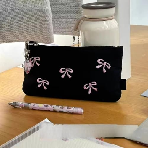 BlingKicks Black Bow Embroidery Pencil Case Pouch Organizer with Pins and Accessoriesm-Minimalist Large Capacity for Adults (Black+1 bow pendant) - Image 3