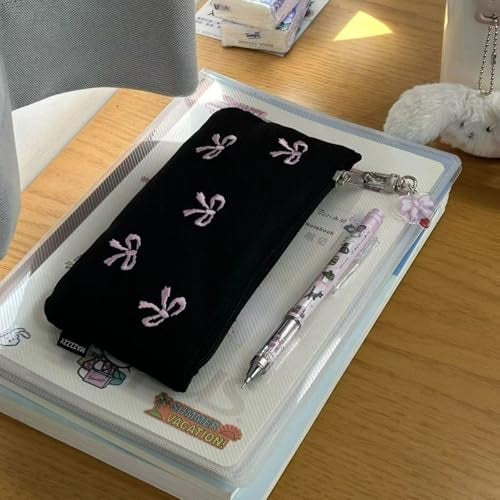 BlingKicks Black Bow Embroidery Pencil Case Pouch Organizer with Pins and Accessoriesm-Minimalist Large Capacity for Adults (Black+1 bow pendant) - Image 4