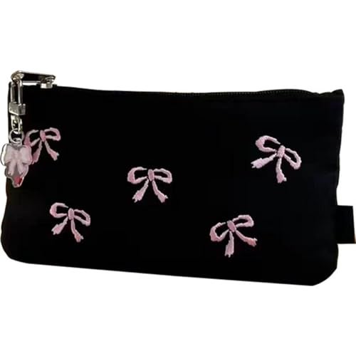 BlingKicks Black Bow Embroidery Pencil Case Pouch Organizer with Pins and Accessoriesm-Minimalist Large Capacity for Adults (Black+1 bow pendant) - Image 1