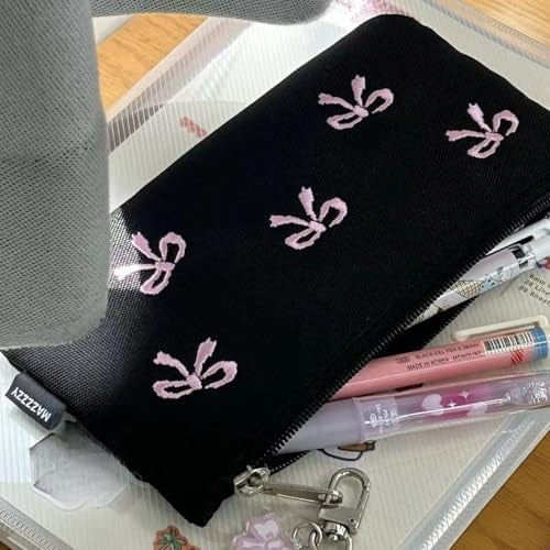 BlingKicks Black Bow Embroidery Pencil Case Pouch Organizer with Pins and Accessoriesm-Minimalist Large Capacity for Adults (Black+1 bow pendant) - Image 5