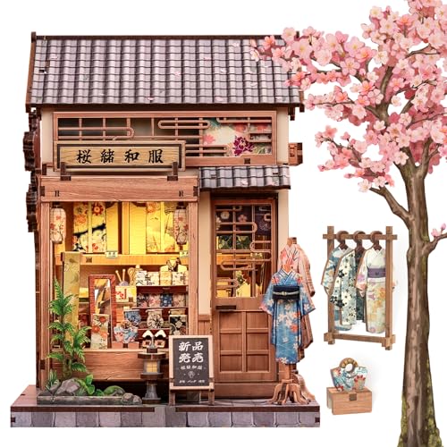 Cutefun Book Nook Kit DIY Miniature Dollhouse Kit for Adults Teens and Beginners Japanese Sakura Tiny House Bookshelf Decor 3D Wooden Puzzles Gifts for Friends Family Sakura Kimono Shop - Image 1