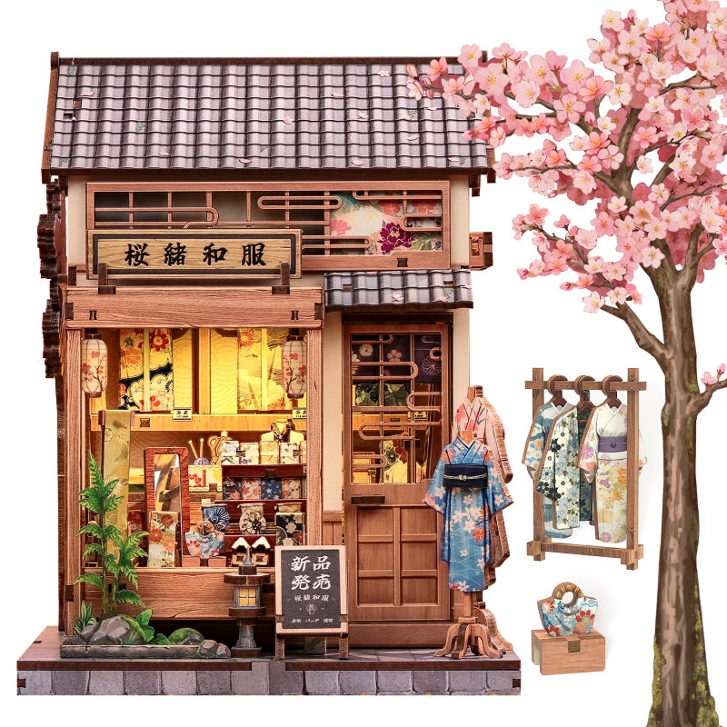 Cutefun Book Nook Kit DIY Miniature Dollhouse Kit for Adults Teens and Beginners Japanese Sakura Tiny House Bookshelf Decor 3D Wooden Puzzles Gifts for Friends Family Sakura Kimono Shop - Image 3