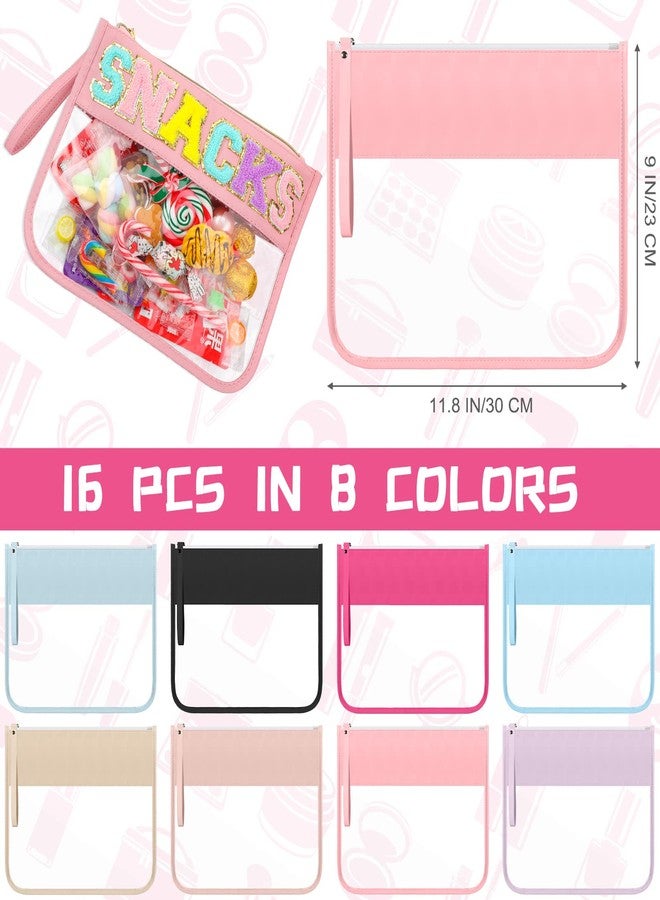 Irenare 16 Pcs Clear Makeup Bag Toiletry Flat Zipper Pouch Preppy Waterproof Clear Cosmetic PVC Pouch with Wristlet Toiletry DIY Chenille Letter Snack Bag for Women(Multi Colors) - Image 2