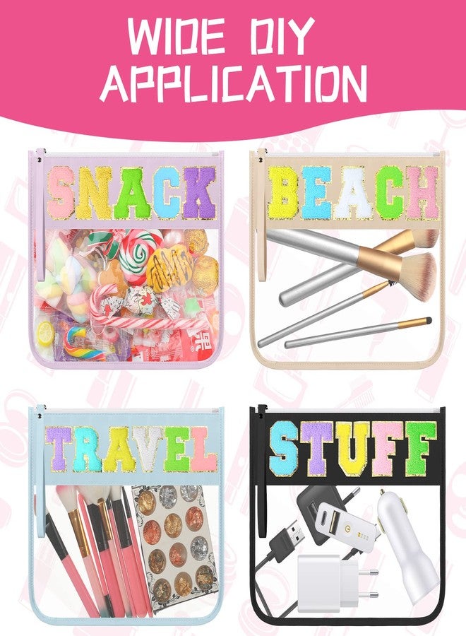 Irenare 16 Pcs Clear Makeup Bag Toiletry Flat Zipper Pouch Preppy Waterproof Clear Cosmetic PVC Pouch with Wristlet Toiletry DIY Chenille Letter Snack Bag for Women(Multi Colors) - Image 4