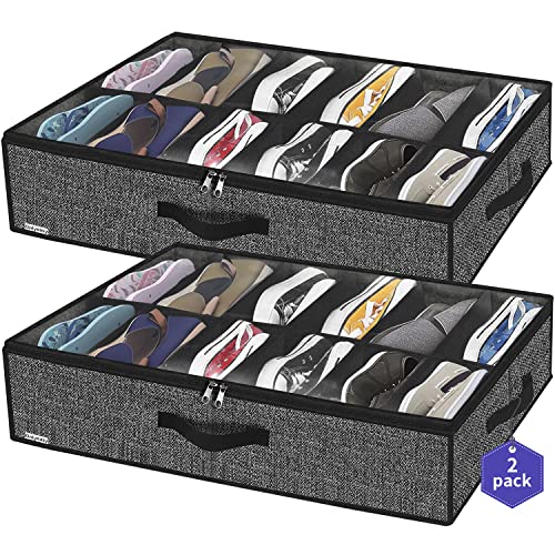 Onlyeasy Onlyeasy Sturdy Under Bed Shoe Storage Organizer Set of 2 Fit 12 to 24 Pairs Underbed Shoes Closet Storage Solution with Clear Window Breathable L293x W236x H59 Linenlike Black MXAUBSB2P 