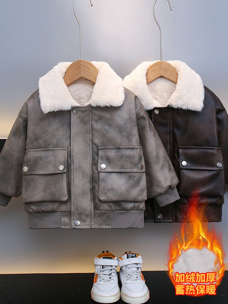 Boys' Leather Jacket 2024 New Cool Handsome Children's fleece-lined Thickened Clothes Boys Autumn and Winter Warm Jacket Top - Image 2