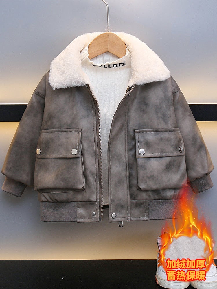 Boys' Leather Jacket 2024 New Cool Handsome Children's fleece-lined Thickened Clothes Boys Autumn and Winter Warm Jacket Top - Image 3