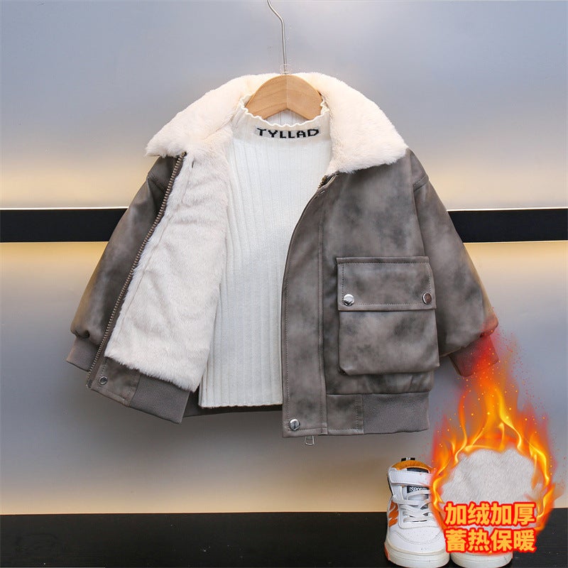 Boys' Leather Jacket 2024 New Cool Handsome Children's fleece-lined Thickened Clothes Boys Autumn and Winter Warm Jacket Top - Image 1