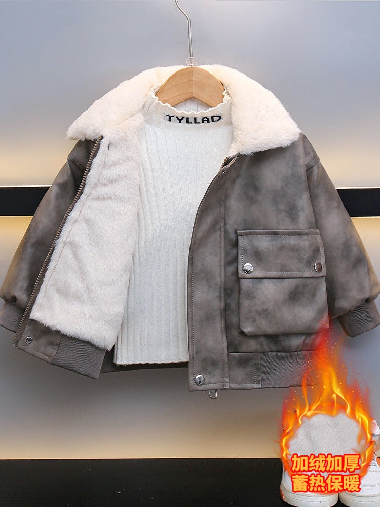 Boys' Leather Jacket 2024 New Cool Handsome Children's fleece-lined Thickened Clothes Boys Autumn and Winter Warm Jacket Top - Image 4