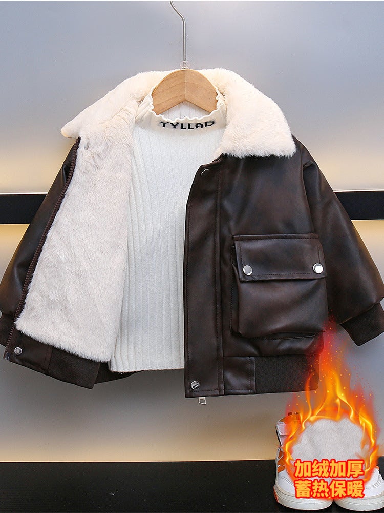 Boys' Leather Jacket 2024 New Cool Handsome Children's fleece-lined Thickened Clothes Boys Autumn and Winter Warm Jacket Top - Image 5