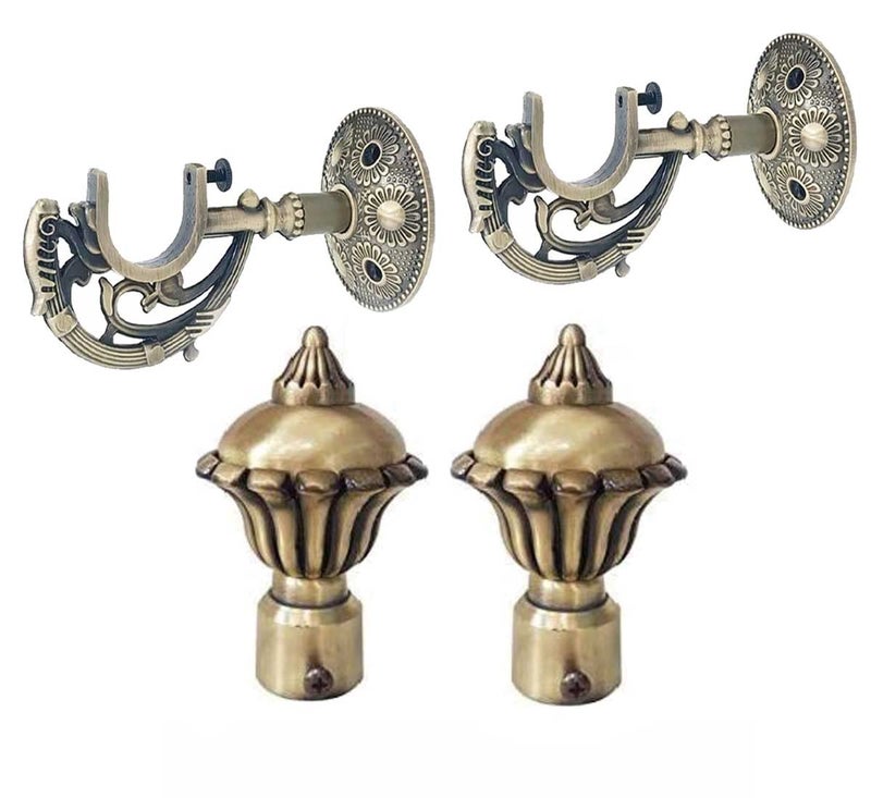 FERIO Curtain Holder Set and Curtain Finial for Door and Window Fitting 1 Inch Rod Pocket Brass Antique for Home Decor (Curtain Support 2 Pcs and Curtain Finial 2 Pcs) - Image 1