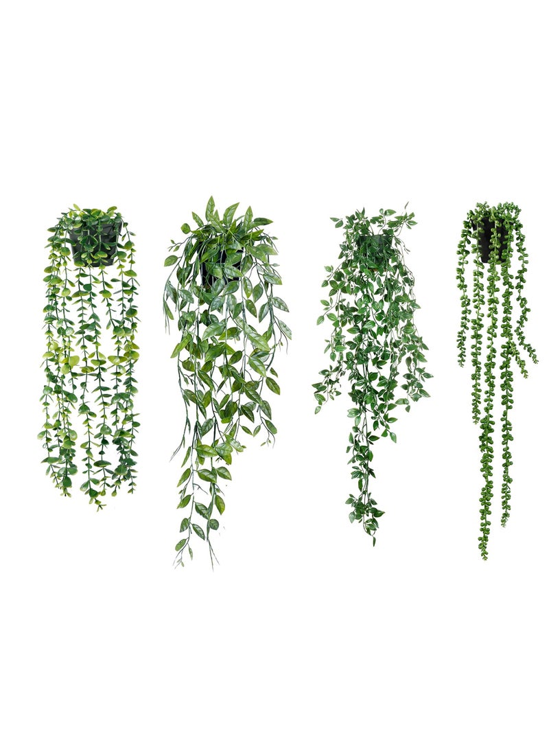 جينزيو قرون البازلاء في أصيص لتزيين الجدران الداخلية والخارجية للمنزل والمعيشة جينزيو نباتات تعليق اصطناعية، 4 قطع نباتات متدلية صناعية، كروم أكاليبتوس خضراء مزيفة، كروم ماندالا، سلسلة من اللآلئ، أوراق - Image 1