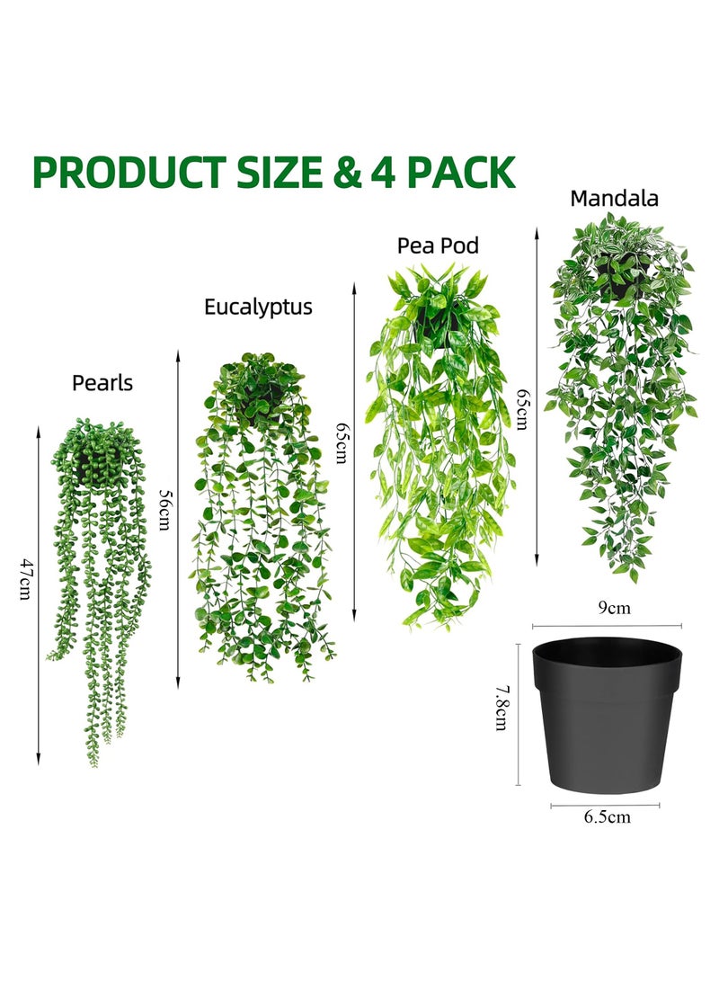 جينزيو قرون البازلاء في أصيص لتزيين الجدران الداخلية والخارجية للمنزل والمعيشة جينزيو نباتات تعليق اصطناعية، 4 قطع نباتات متدلية صناعية، كروم أكاليبتوس خضراء مزيفة، كروم ماندالا، سلسلة من اللآلئ، أوراق - Image 2