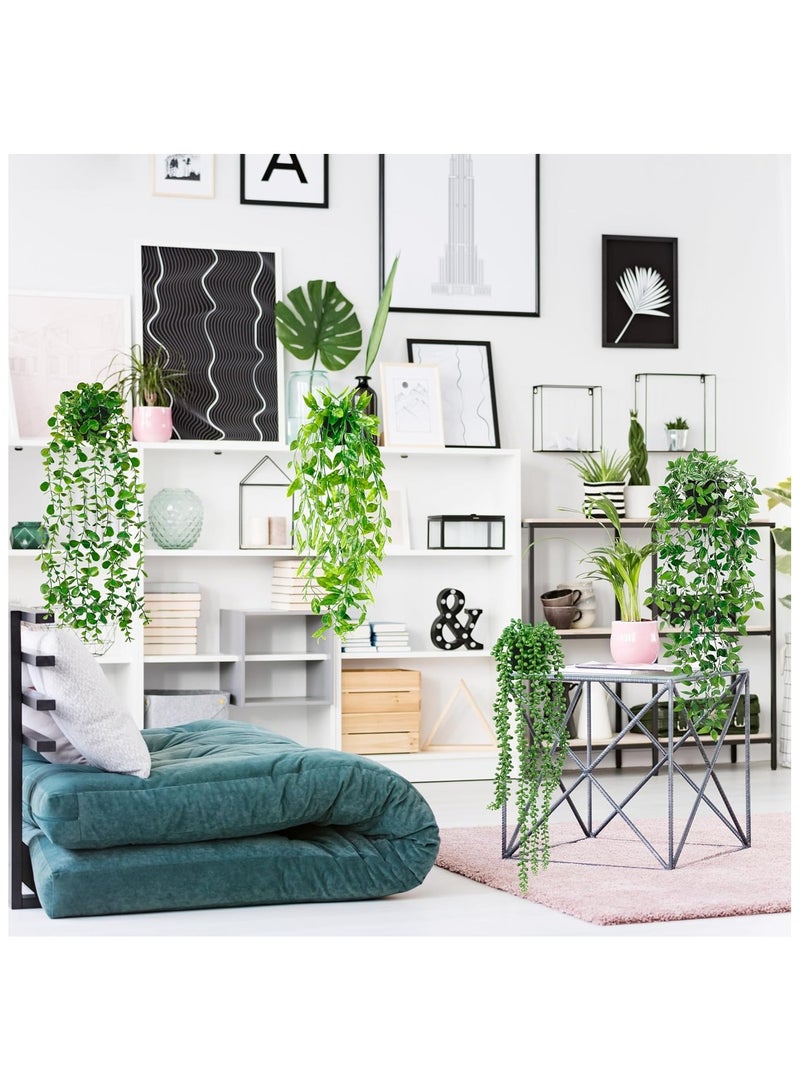 جينزيو قرون البازلاء في أصيص لتزيين الجدران الداخلية والخارجية للمنزل والمعيشة جينزيو نباتات تعليق اصطناعية، 4 قطع نباتات متدلية صناعية، كروم أكاليبتوس خضراء مزيفة، كروم ماندالا، سلسلة من اللآلئ، أوراق - Image 4