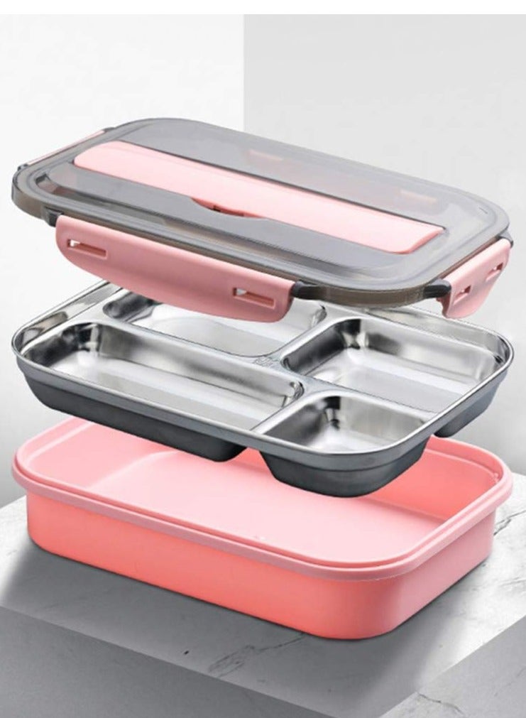 DubaiGallery Stainless Steel Bento Lunch Box With Fork Spoon 4-Compartment Metal Food Pail With Cover That Prevents Leaks & Spills  - Image 2