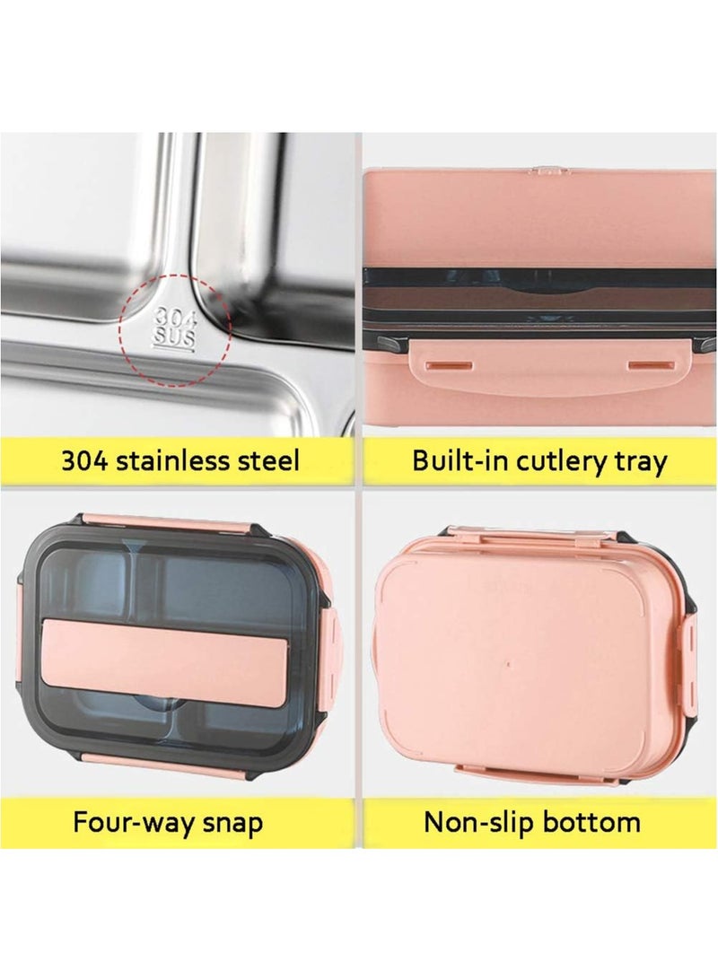 DubaiGallery Stainless Steel Bento Lunch Box With Fork Spoon 4-Compartment Metal Food Pail With Cover That Prevents Leaks & Spills  - Image 3