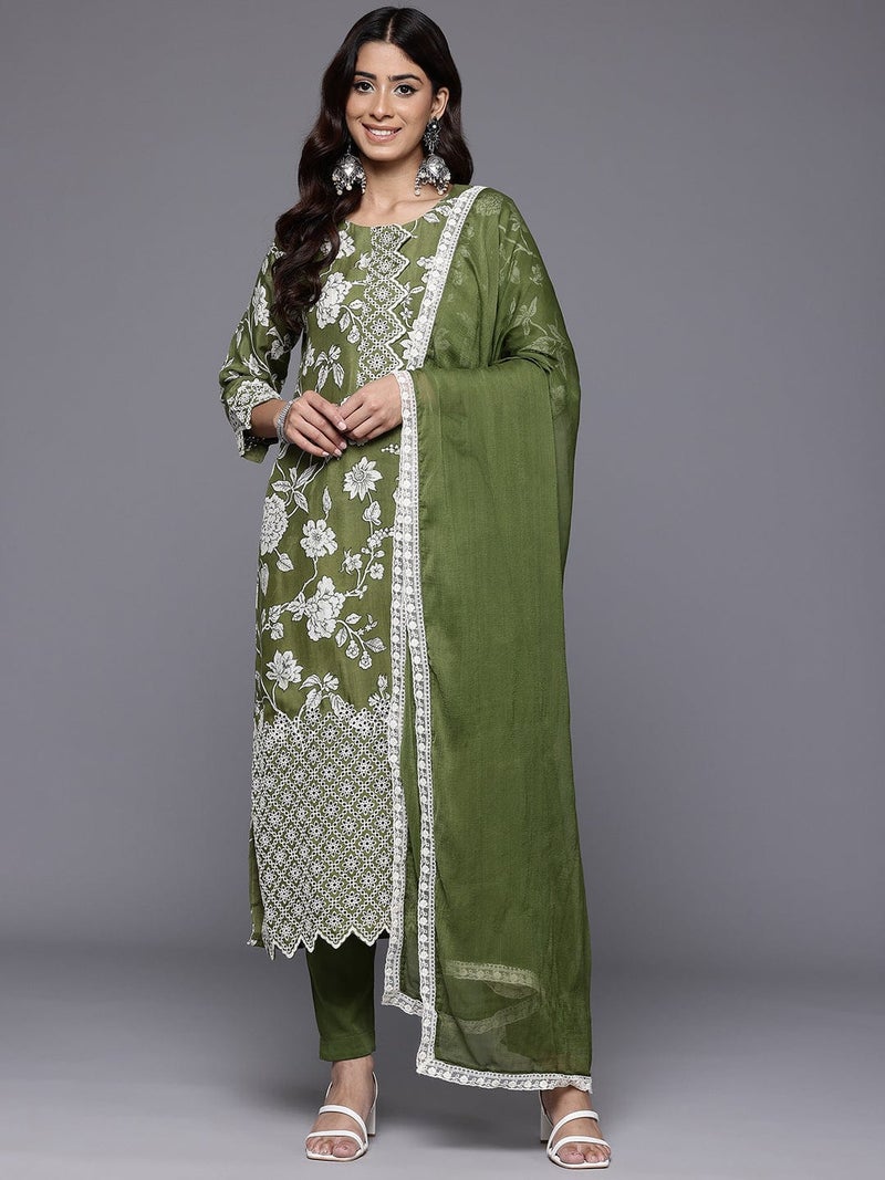 PRASHA Women Green Floral Printed Shiffly Work Kurta Paired With Bottom And Dupatta - Image 1