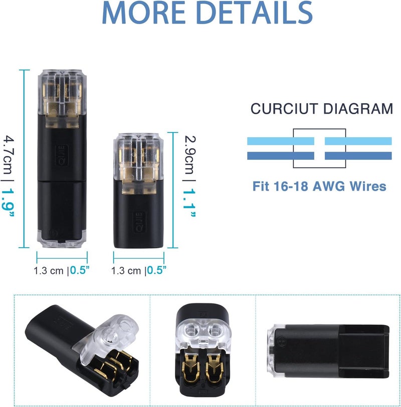 Brightfour 2 Wire Quick Disconnect Connectors – 16-18 AWG 12V Solderless Wire Connectors, No Wire Stripping, Fast & Secure Electrical Connection for Automotive, LED Lights, DIY Projects (12 Pairs) - Image 3