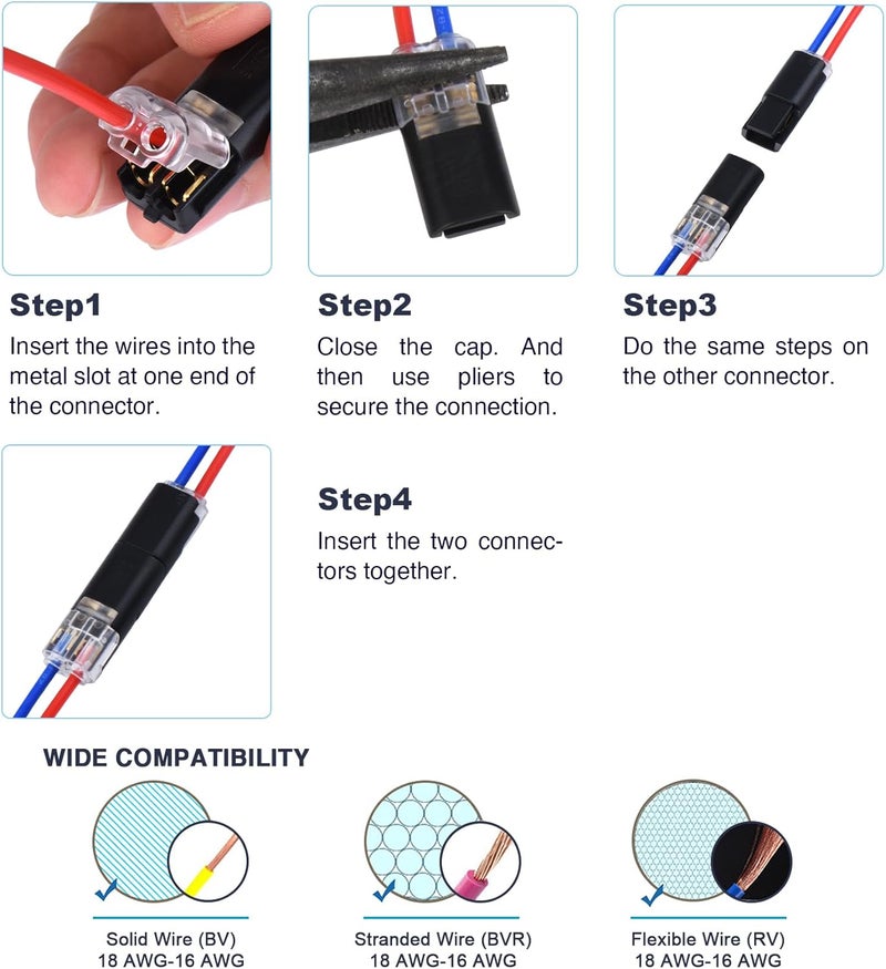 Brightfour 2 Wire Quick Disconnect Connectors – 16-18 AWG 12V Solderless Wire Connectors, No Wire Stripping, Fast & Secure Electrical Connection for Automotive, LED Lights, DIY Projects (12 Pairs) - Image 5