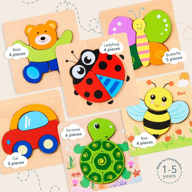 UV Enterprises Animal Shape 3D Wooden Educational Puzzle Toys  Wooden Puzzles for Toddlers 1-3year | Kids Educational Preeschool Puzzles Toy | Wooden Animal Puzzles Toy with Color Matching Shape Sorter Stacking | Baby Animal Jigsaw Puzzle | Educational Puzzle cards | Kidology Wooden Jigsaw Puzzle Set – 6-Pack Animal Shape Montessori Toy for Kids Early Learning Pre-School Educational Game - Image 2