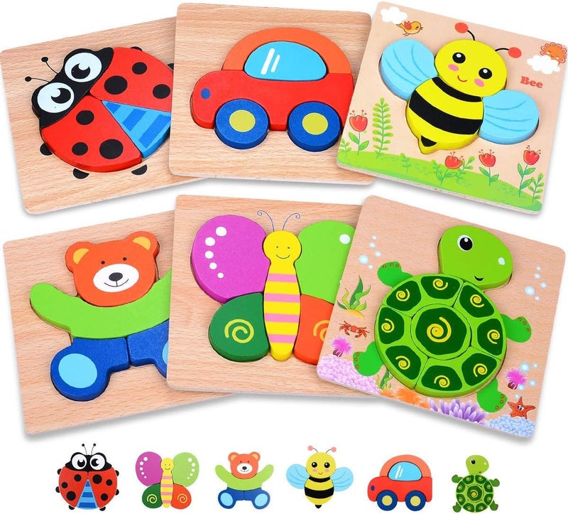 UV Enterprises Animal Shape 3D Wooden Educational Puzzle Toys  Wooden Puzzles for Toddlers 1-3year | Kids Educational Preeschool Puzzles Toy | Wooden Animal Puzzles Toy with Color Matching Shape Sorter Stacking | Baby Animal Jigsaw Puzzle | Educational Puzzle cards | Kidology Wooden Jigsaw Puzzle Set – 6-Pack Animal Shape Montessori Toy for Kids Early Learning Pre-School Educational Game - Image 1