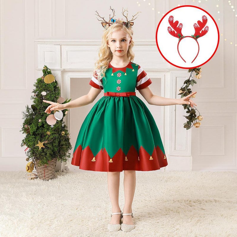 Girls Christmas Dress Christmas Dress Party Costume Childrens Cos Santa Claus Costume Princess Dress SD066-Green (with headband)