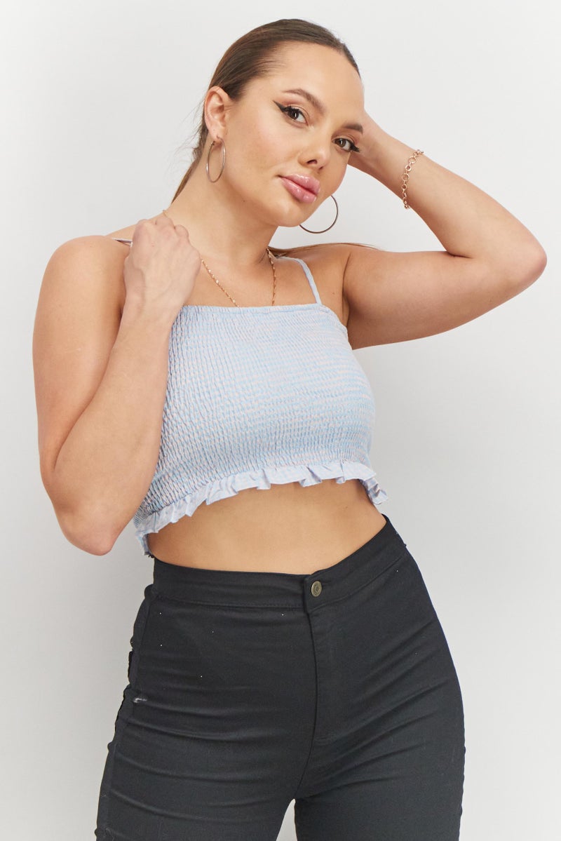 Blank NYC Women Square Neck Tie Sleeve Textured Crop Top, Light Blue and Pink - Image 1